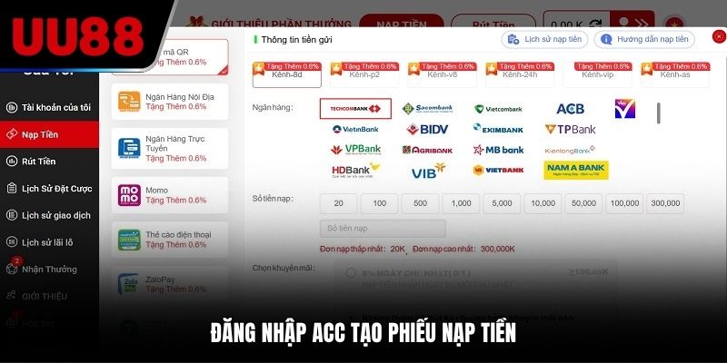 Đăng nhập acc tạo phiếu nạp tiền